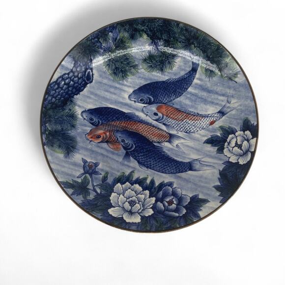 Other - VINTAGE LARGE 12.5" KOI FISH LOTUS PEONIES PORCELAIN CHARGER PLATE JAPAN